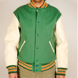Blouson universitaire homme vert et blanc coupe droite col montant fermeture boutonnée doublure coton écologique style urbain hiver - Product Image 1