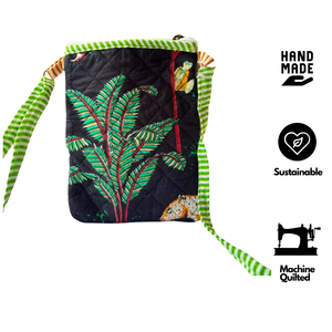 Bolso bandolera de algodón acolchado con diseño de diamantes bohemios, estampado de helechos, correa verde a rayas, cierre de cremallera, para tarjetas y móvil, bolso de mano. - Product Image 2