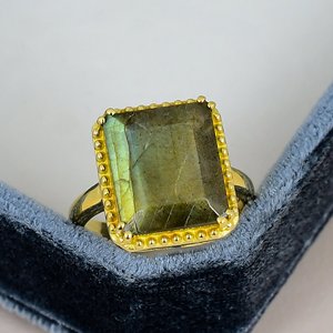 Yellow Gold Plated Labradorite Statement Ring Solid 925 Sterling Silver Beaded Bezel <b>Set</b> Smooth Polished Band Geometric Design - Product Image 1