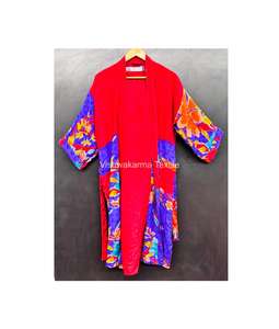 Robe kimono en soie crêpe de luxe pour femmes |   Imprimé floral fait main, col en V, taille élastique, manches courtes |   Printemps Été - Product Image 1