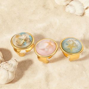 French Vintage Stainless Steel Resin <b>Ring</b> with Ocean Blue <b>Turquoise</b> Starfish Pearl for Women Summer Beach Jewelry - Product Image 4