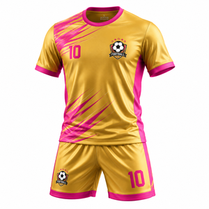 Ensemble de maillots de football personnalisés par sublimation pour hommes, uniforme de football à manches courtes, t-shirt et short d'équipe sportive, kit de football respirant or rose - Product Image 1