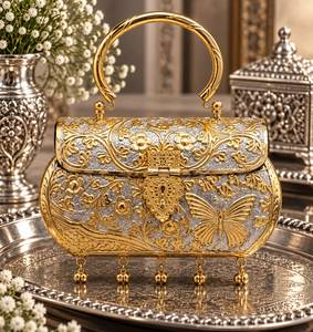 Handmade Dual Tone Metal Clutch <b>Bag</b> Luxury Gold and <b>Silver</b> Geometric Checkered and Floral Embossed <b>Evening</b> Handbag Ring Handle - Product Image 3