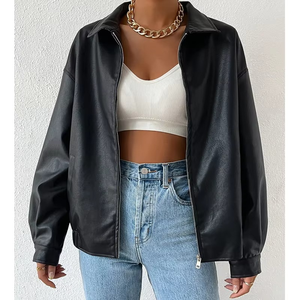 Chaqueta de cuero estilo bomber para mujer, manga larga, estilo holgado, cuello vuelto, con cremallera, estilo motociclista, para otoño, corte holgado, a la moda. - Product Image 1