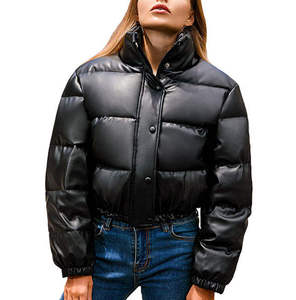 Unisex Beige PU Puffer <b>Jacket</b> Stand Collar Zipper Closure Thick Windproof Winter Coat Casual Short Length Solid Color - Product Image 5