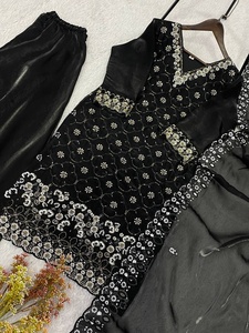 Traje Anarkali de seda negro bordado para mujer, ropa étnica tradicional para boda, estilo indio pakistaní - Product Image 5