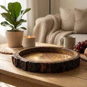 Plateau en bois avec boucle décorative pour servir, plateau rond en écorce de mangue pour collations, fruits, thé et café, décoratif et alimentaire - Product Image 3