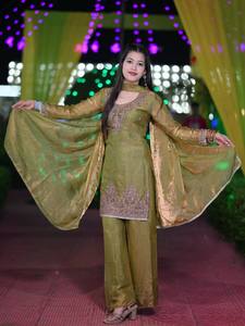 Two Tone Embroidered Palazzo Suit Set <b>Sequin</b> Decorative Kurta and Palazzo Dupatta Women Party Dress - Product Image 3