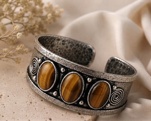 Earthbound Tiger Eye Trio Gem Wide <b>Cuff</b> Bezel Setting Handcrafted <b>Silver</b>/Gold Plated Brass Vintage Gift Jewelry - Product Image 6