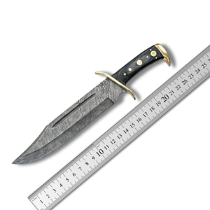 Couteau Bowie en acier Damas fait main, manche en bois, bord biseauté, pointe tombante, couteau de chasse avec étui en cuir - Product Image 5