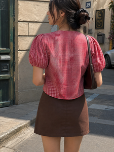 <b>Red</b> Plaid V Neck Blouse For Women Short Sleeve Puff <b>Top</b> With <b>Lace</b> Trim Front Tie Detail Vintage Spring Summer Style - Product Image 4