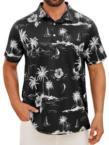 Chemises polo pour hommes à motifs tropicaux noir et blanc. Fournisseur en gros B2B proposant des services OEM personnalisés et des MOQs faibles à l'échelle mondiale. - Product Image 4