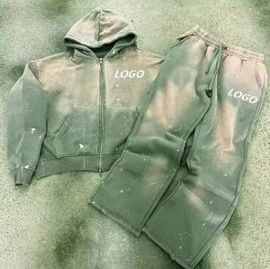 Ensemble de survêtement unisexe gris en coton à capuche avec fermeture éclair, manches longues, couleur unie, effet délavé, vêtements de sport décontractés avec impression de logo - Product Image 6