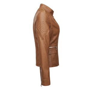 Chaqueta de Motociclista de Cuero Sintético PU Beige para Mujer, Cuello Alto, Manga Larga, Cierre de Cremallera, Color Sólido, Estilo Biker, Ropa de Otoño - Product Image 6