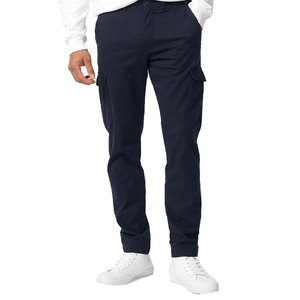 Pantalon cargo homme bleu marine coupe droite multi-poches en coton style décontracté mi-lourd taille élastique braguette boutonnée - Product Image 1