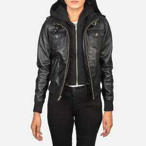 Premium Women Black Real Leather Hooded <b>Bomber</b> <b>Jacket</b> Slim Fit Removable Hoodie Sheepskin Biker <b>Jacket</b> Multi Pocket Coat - Product Image 1