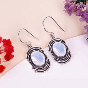 Vintage Oval Milky Opal Drop <b>Earrings</b> Antique <b>Silver</b> Plated Bezel Setting Women's Fashion Jewelry Party <b>Earrings</b> - Product Image 2