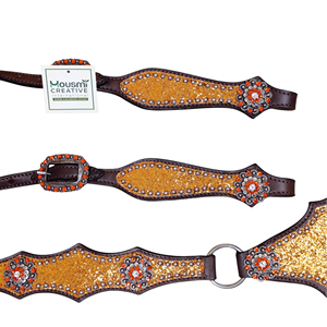 Ensemble de têtière et de collier de poitrail avec de gros paillettes orange, des éclats brillants et des conchos en strass. - Product Image 5