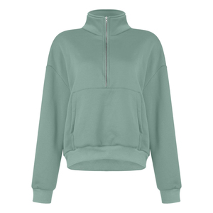 Sweat-shirt léger en coton à col roulé pour femme Green Dimple, coupe courte, épaules tombantes, fermeture éclair 1/4, style hiver - Product Image 4