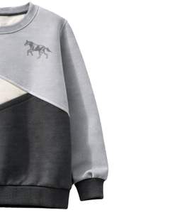 Sweat-shirt en molleton personnalisé gris clair et anthracite avec blocs de couleur et broderie cheval pour femme, en mélange de coton, col rond, hiver, personnalisable OEM - Product Image 3