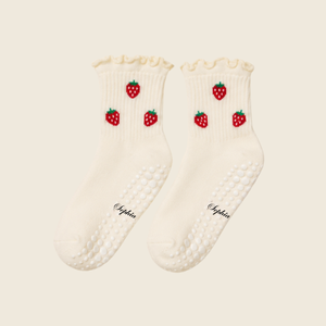 Custom Logo Strawberry Grip Socks Non <b>Slip</b> Pilates Yoga Barre Socks Cute Ruffle Cotton Socks for Women OEM ODM Manufacturer - Product Image 2