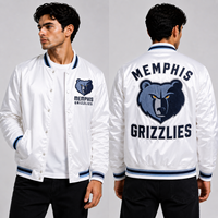 Blouson universitaire satiné blanc et bleu marine personnalisé des Memphis Grizzlies, avec logo brodé, style bomber, pour hommes, vente en gros, OEM, vêtements d'équipe, streetwear, MOQ, promotion