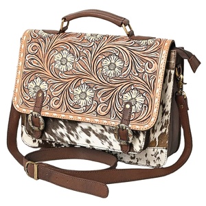 Western Cowhide Genuine Leather Bohemian Women's <b>Messenger</b> Briefcase <b>Bag</b> with Tassel Hand-Tooling Coin Purse - Product Image 1