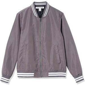 Men's Grey Bomber <b>Jacket</b> Casual Zipper Front Solid Color Turn-down Collar Polyester Autumn Wear - Product Image 5
