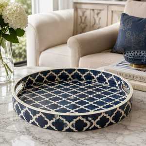 Handcrafted Bone Inlay Round Decorative <b>Storage</b> <b>Tray</b> with Intricate Floral Mosaic Design for Coffee Table, Vanity & Moder - Product Image 1