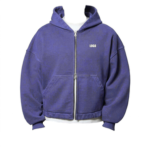 Sudadera con capucha morada de alta calidad con logotipo personalizado, 100% algodón grueso, hombros caídos, cierre completo con cremallera, unisex, forro polar, ecológica. - Product Image 1