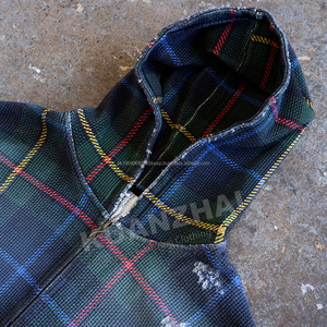 <b>Acid</b> Wash Distressed Waffle Knit Boxy Cropped Oversize <b>Drop</b> Shoulder Zip up Jackets Men Custom Plaid Flannel Hoodie Manufacturer - Product Image 4