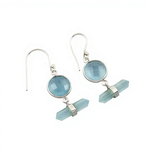 925 Sterling <b>Silver</b> Aqua Chalcedony Gemstone Dangle <b>Earrings</b> with Hexagonal Crystal <b>Drop</b> Handmade <b>Earrings</b> - Product Image 1