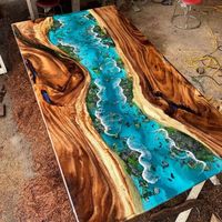 Table à manger moderne en résine à bord naturel, plateau en époxy bleu, faite à la main, durable, forme rectangulaire, personnalisable, pour atelier et entrepôt