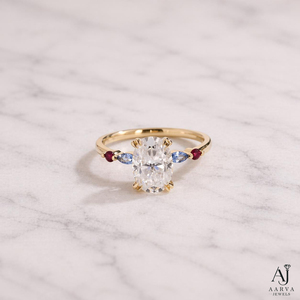 Anillo de Compromiso de Moissanita con Corte Oval Radiante, Diseño Geométrico, Certificado IGI, Anillo de Novia de Tres Piedras, Joyería Chapada en Oro - Product Image 1