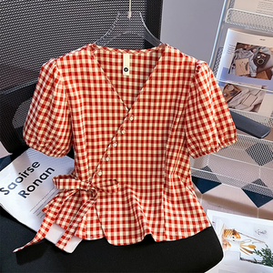 Blusa de Mujer con Cuello en V, Mangas Abullonadas, Estampado a Cuadros, Manga Corta, Botones al Frente, Estilo Casual con Detalle de Lazo, para Primavera/Verano - Product Image 6