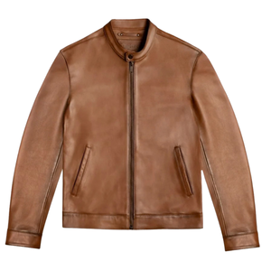 Mens Tan Brown Genuine Leather Streetwear Jacket Band Collar <b>Zip</b> Front Slimfit Minimalist Premium Casual Custom Winter Outerwear - Product Image 1