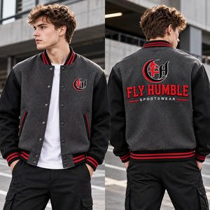 Veste universitaire pour homme Fly Humble, noir et blanc, logo brodé, vêtement décontracté d'automne, coupe classique, col rabattu, polyester et coton - Product Image 6