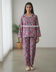 Conjunto de Pijama de Dos Piezas para Mujer, Estampado a Mano, 100% Algodón Premium Transpirable, Elegante Cuello Camisero, Mangas Largas - Product Image 6