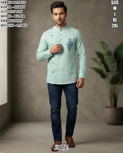 Rustic Beige Heritage Men's Cotton Floor-Length Regular Fit Traditional Kurta/<b>Kurti</b> for Diwali Wedding Party & Casual Wear - Product Image 4