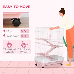 Gabbia per conigli rosa a 4 livelli da 32 litri con ruote, vassoio estraibile per allevamento di conigli di taglia media, cincillà e furetti - Product Image 5