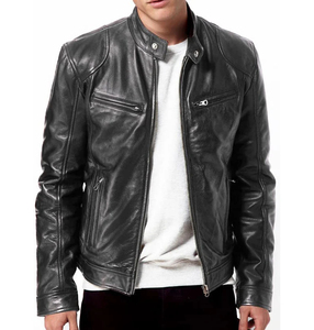 Veste moto en cuir véritable marron pour homme, col montant, fermeture éclair, coupe ajustée, longueur normale, couleur unie, doublure en coton - Product Image 1