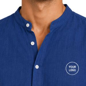 Camisa Henley de Lino para Hombre, Cuello Mao, Azul Rey, Manga Corta, Casual, Verano, Transpirable, Cierre de Botones, Personalizable OEM - Product Image 4