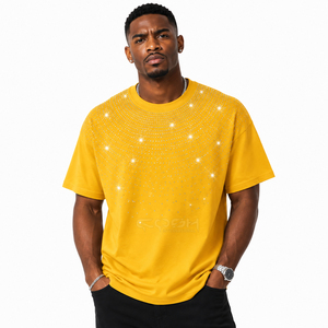 Cosh International <b>Men</b> <b>Yellow</b> Oversized T-<b>Shirt</b> With Rhinestone Dot Pattern O-Neck Short Sleeve Street Style Jersey Cotton - Product Image 1