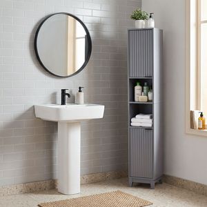 Mobile Bagno a Due Ante e Due Ripiani con Finitura in Melaminico, Griglia in MDF Termoformato, 30x28x170cm, in Truciolato Grigio per Spazi Ristretti - Product Image 2