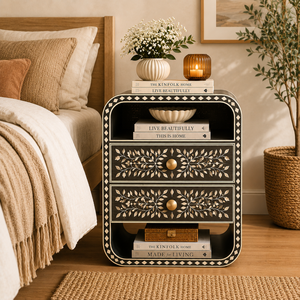 Luxe Handcrafted Resin Bone Inlay Nightstand With Drawers & <b>Shelf</b> Cabinet <b>Bedside</b> End Table For Bedroom Hotel Premium Home Decor - Product Image 1