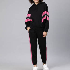 Women Sporty Tracksuit Set Black Pink Color Blocking Hooded Sweatshirt <b>Jogger</b> Pants Loose Fit Full Sleeve Casual Wear Outfit - Product Image 1