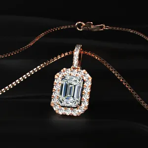 Lab Grown CVD Diamond Pendant Emerald Cut Halo Pendant <b>Necklace</b> Trendy Gold <b>D</b>-E Color VVS-VS Clarity IGI Certified Sale - Product Image 4