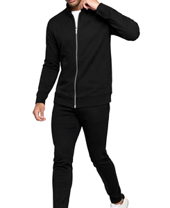 Survêtement en molleton noir pour homme, fermeture éclair intégrale, 360g, 100% coton, couleur unie, col montant, manches longues, poches latérales, vêtements d'automne - Product Image 3