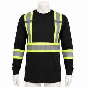 Chemise de sécurité à manches longues haute visibilité, bande réfléchissante, respirante, t-shirt noir, vêtements de travail industriels et de construction avec poche - Product Image 1
