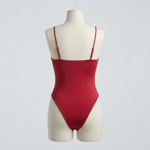 REDDITO Women's Bikini Crew Neck Solid Red Spandex/Polyester Stretch High Waist <b>Thong</b> Bottom Eco-Friendly Quick Dry Regular Fit - Product Image 3